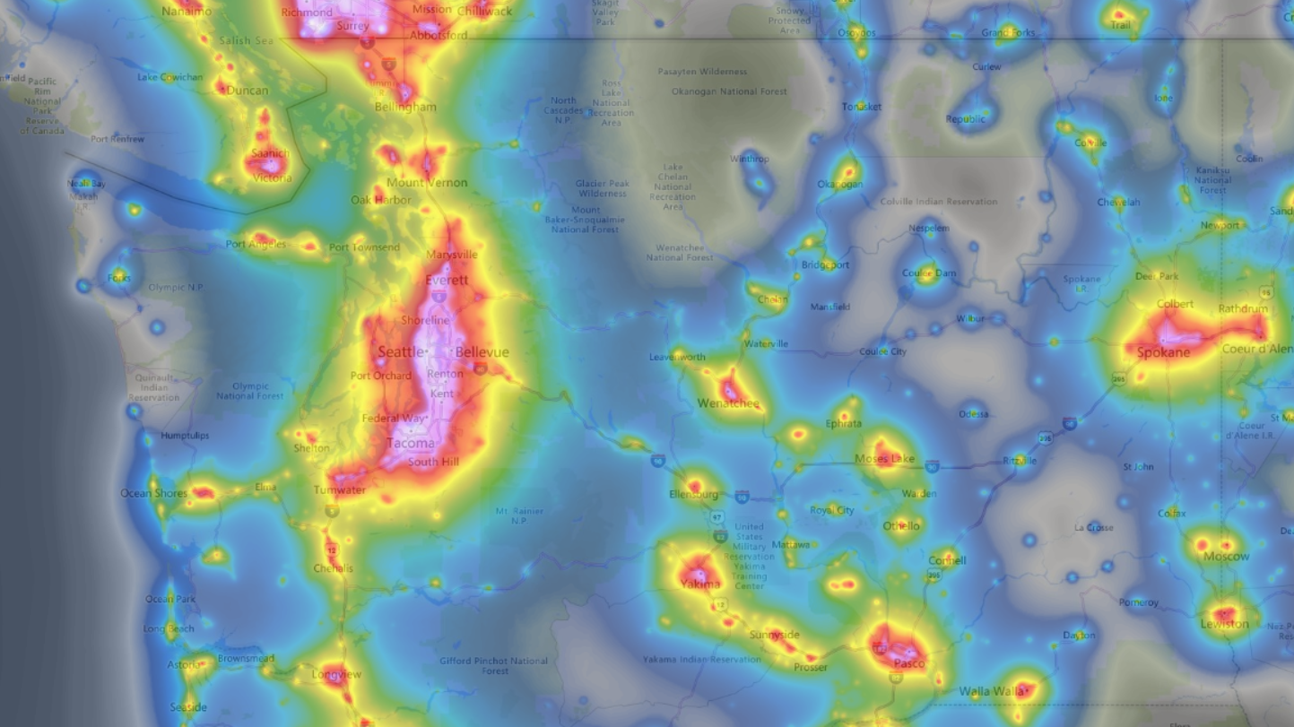 Light pollution map of Washington State. Where there