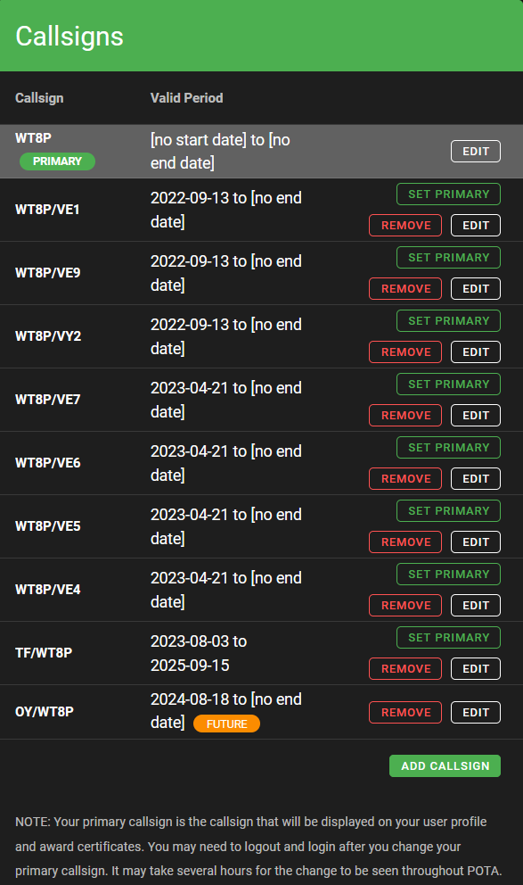 Parks on the Air, adding additional call signs.