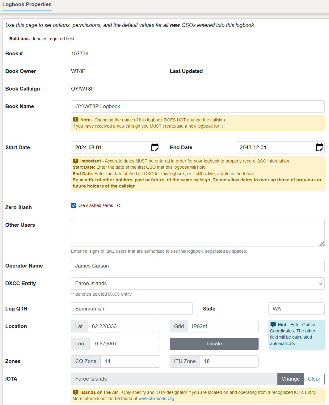 This is a detailed dialog where one specifies the start- and stop-dates for a particular call sign (OY/WT8P) as well as the geographical characteristics.