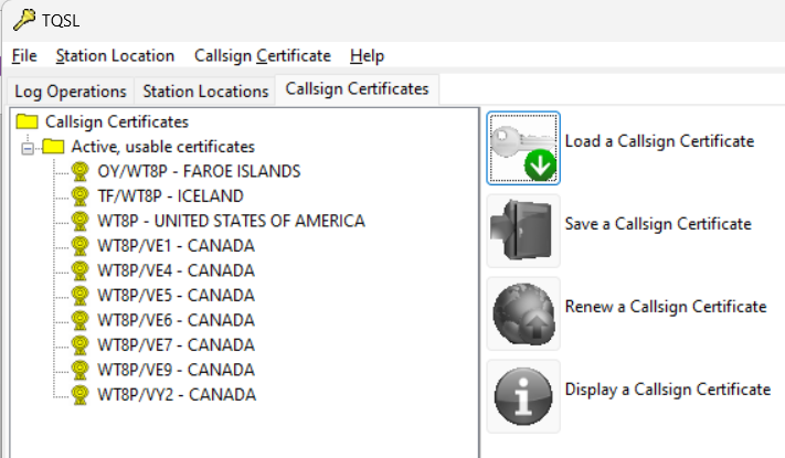 Screenshot of TQSL showing several certificates needed to “sign logs” with Logbook of the World.
OY/WT8P - Faroe Islands TF/WT8P - Iceland WT8P (my primary US call sign) Several for provinces in Canada