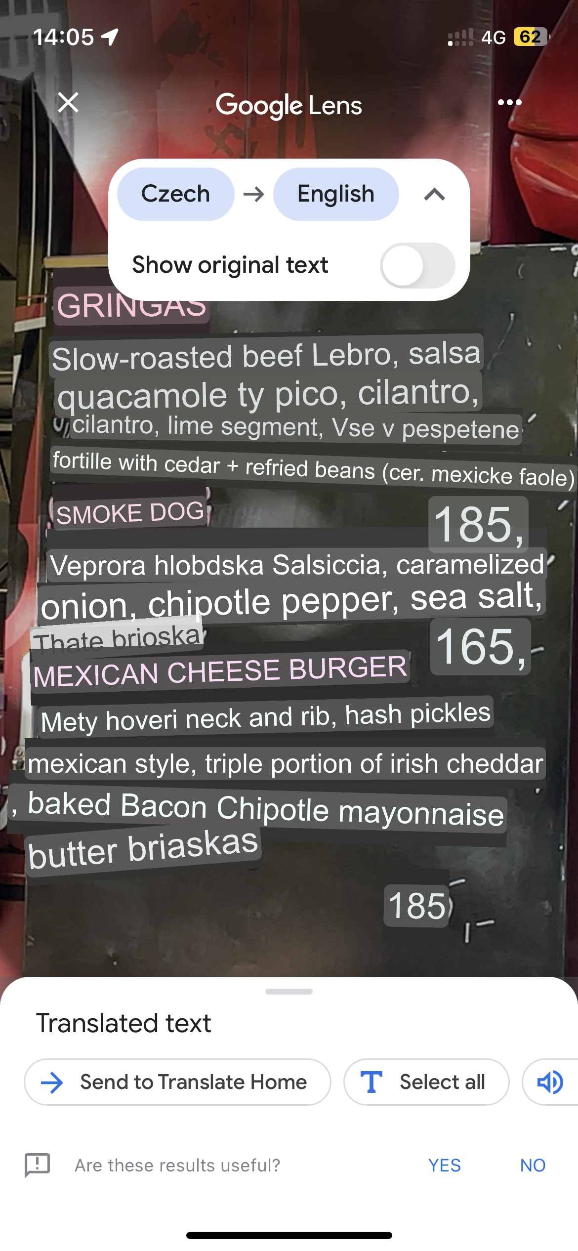 Using Google Translate, with the Czech dictionary loaded, I can, in real time, mostly translate the  handwritten menu from a food truck.