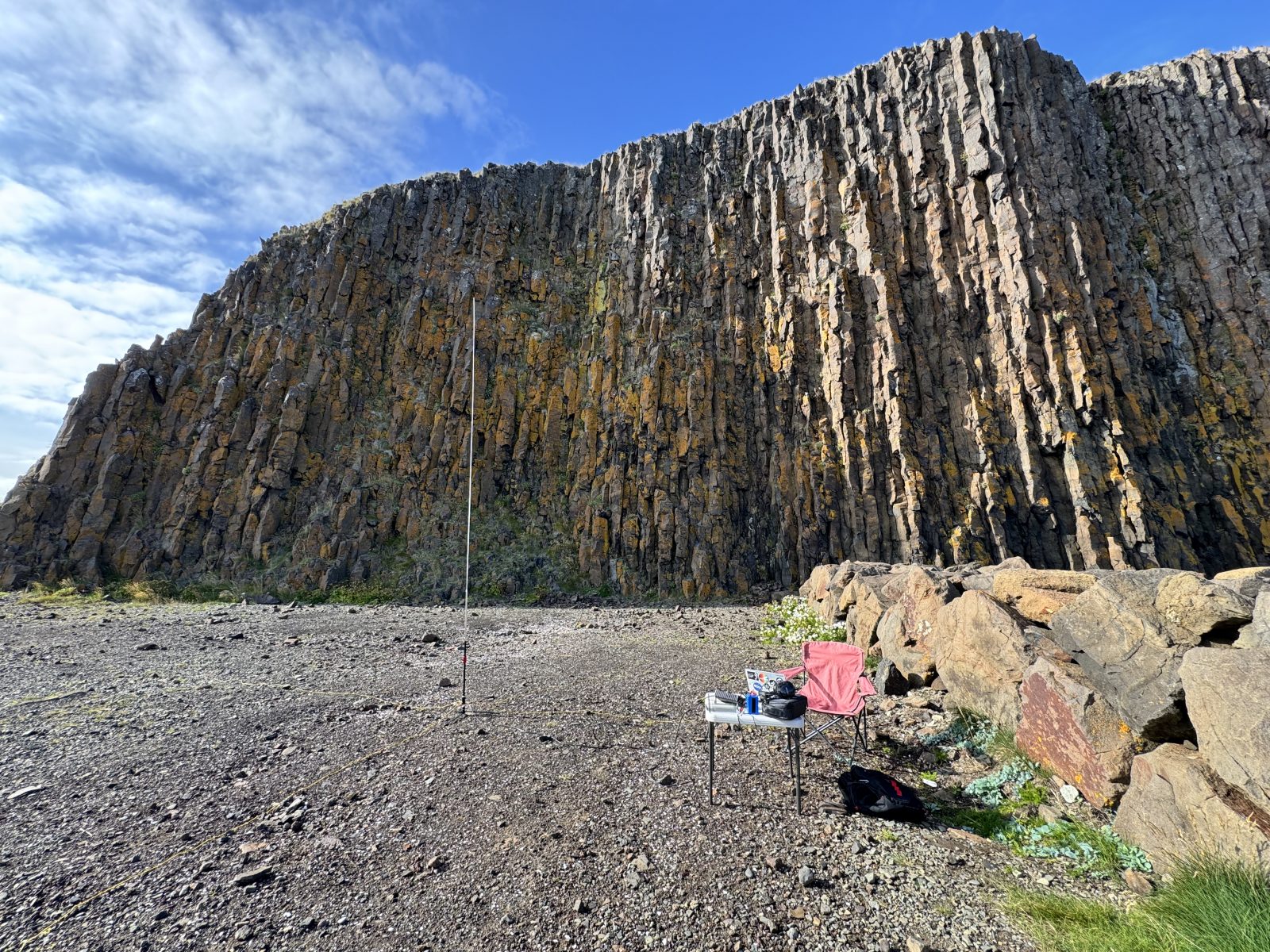  IS-0024  Breiðafjörður Protected Landscape Area - there is a basalt uplift.  In front of this is a table, chair and my ham radio gear.