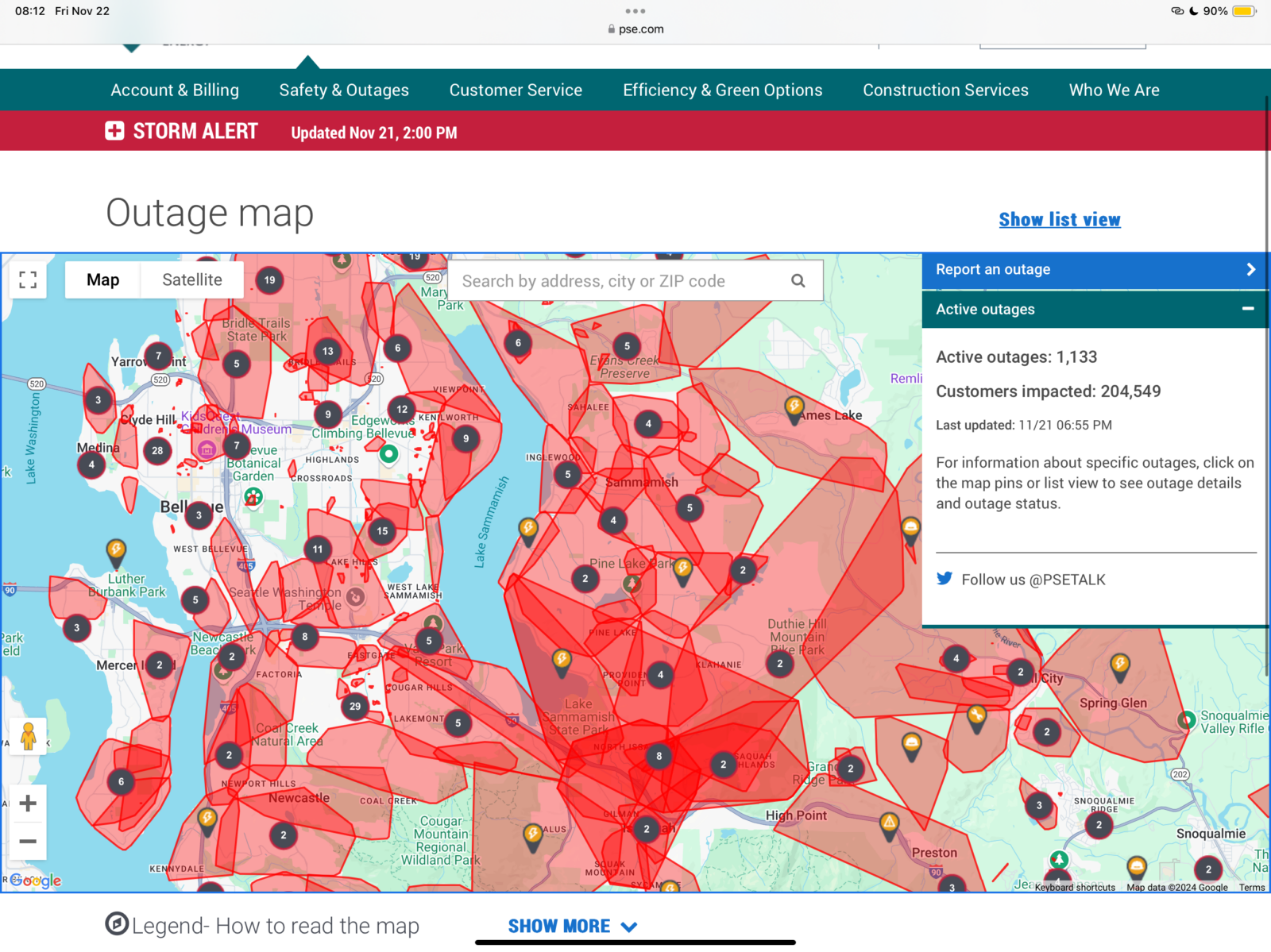 Power outage in the Puget Sound area