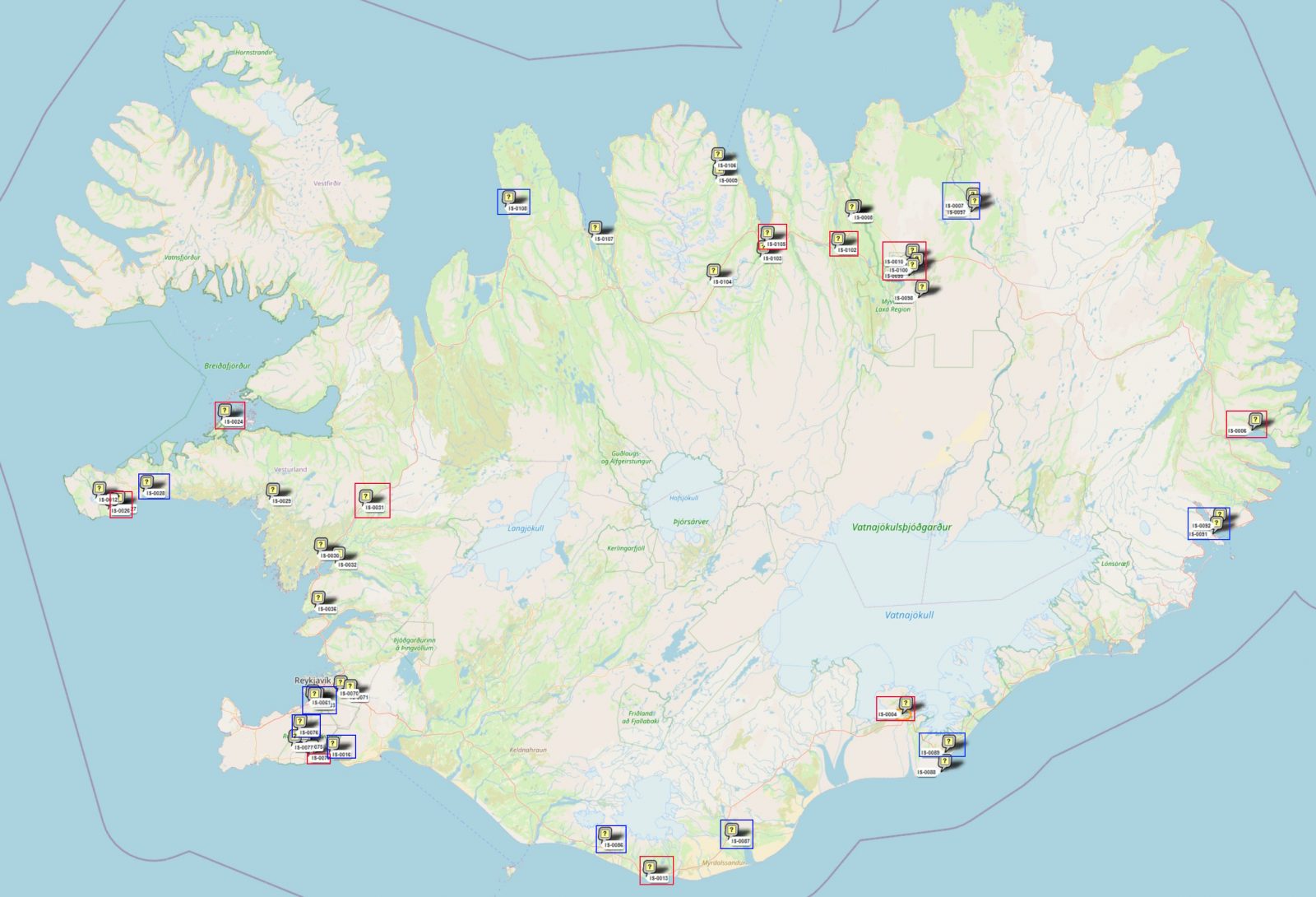 This is a map of Iceland with several Parks on the Air sites depicted, mostly around the perimeter of the country where Route 1 circuits.